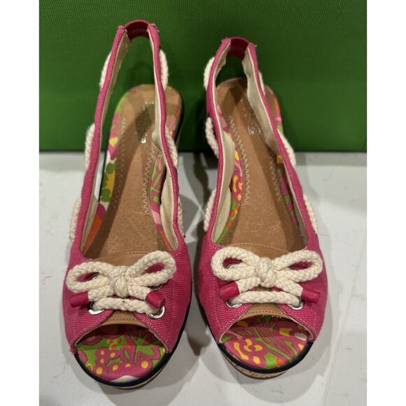 SPERRY Top Sider SOUTHPORT Pink Canvas SLINGBACK Wedges Nautical Rope Bow SZ 9 - Picture 1 of 5